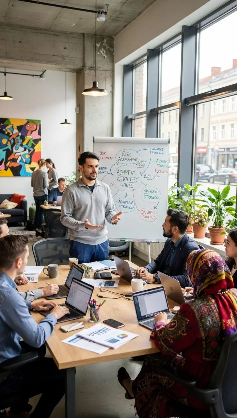 Uzņēmuma darbinieki strādā pie projektā plānošanas galda, apspriežot riska vadību.